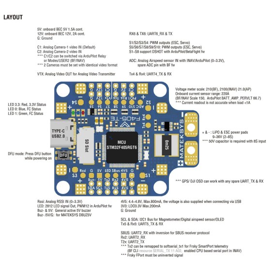 Matek System Mateksys FLIGHT CONTROLLER F405-TE STM32F405RGT6 ICM42688P SPL06 OSD-Steckplatz 6x UARTs 1x I2C 11x PWM-Ausgänge
